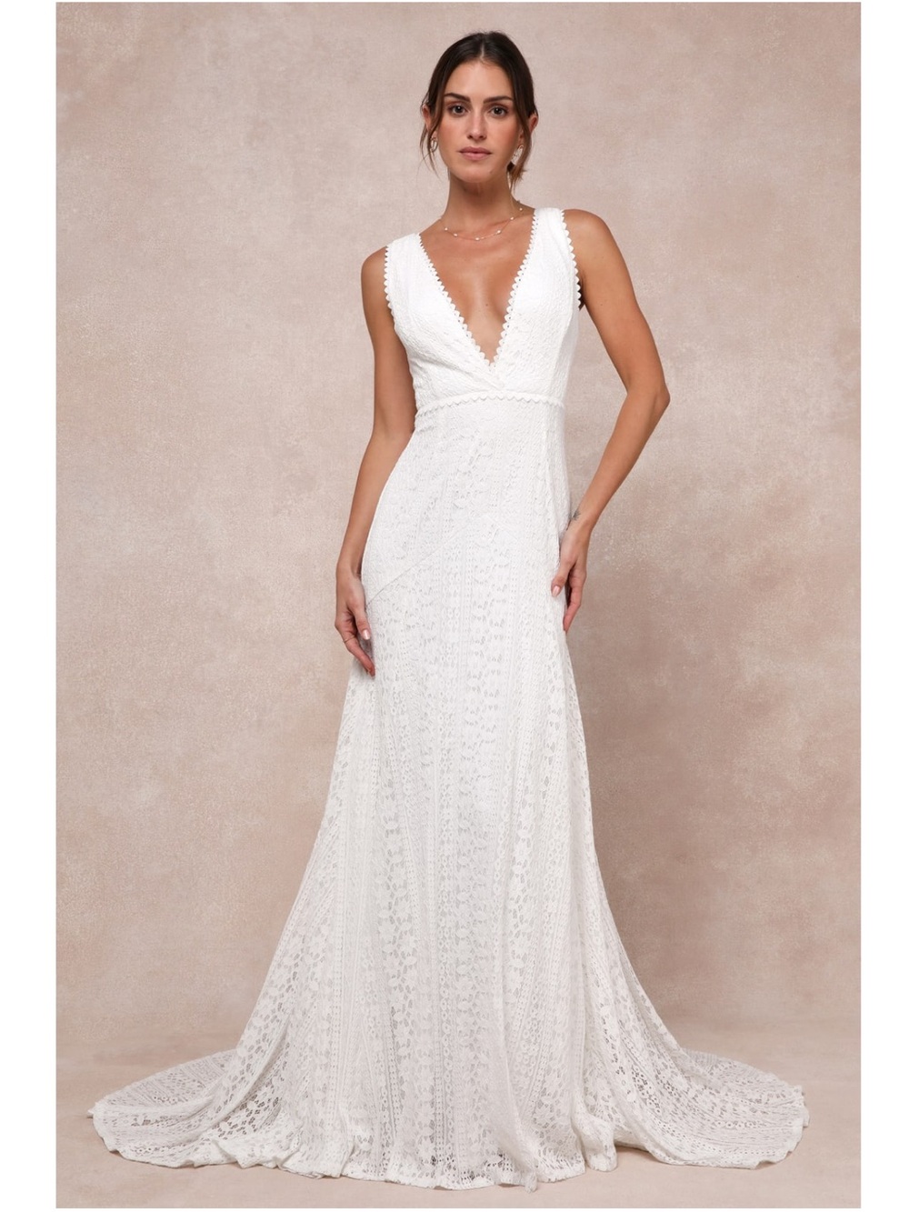 Lulus Infinite Bliss Ivory Lace Sleeveless Backless Trumpet Maxi Wedding Dress